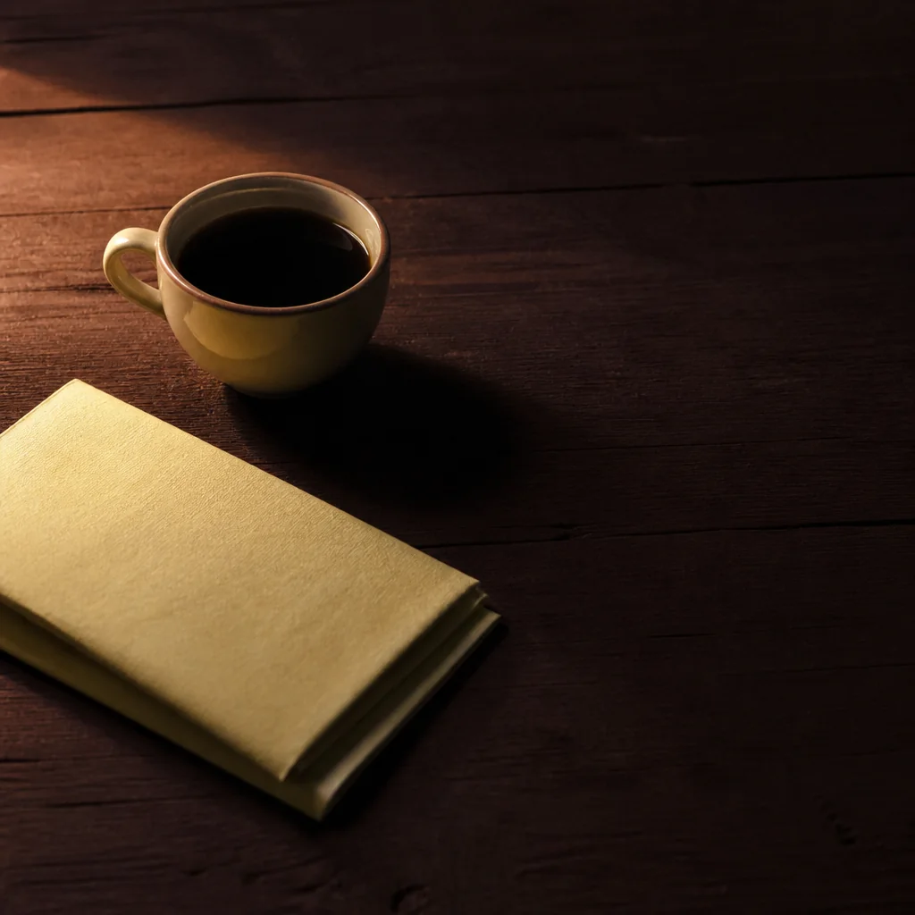 Taza de café oscuro junto a papel crema sobre mesa violeta