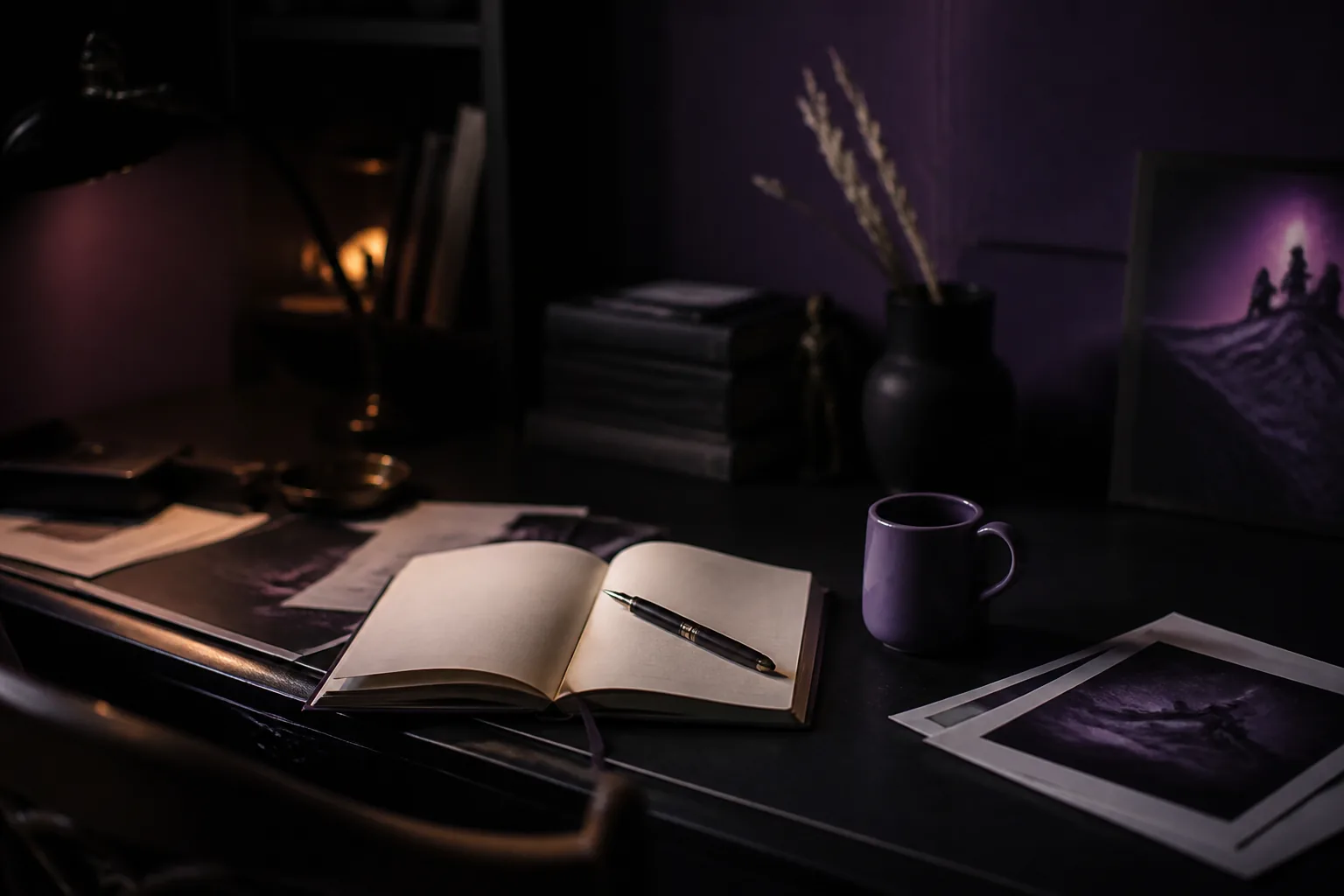 Escritorio de redacción con cuaderno marfil y taza violeta bajo luz cálida