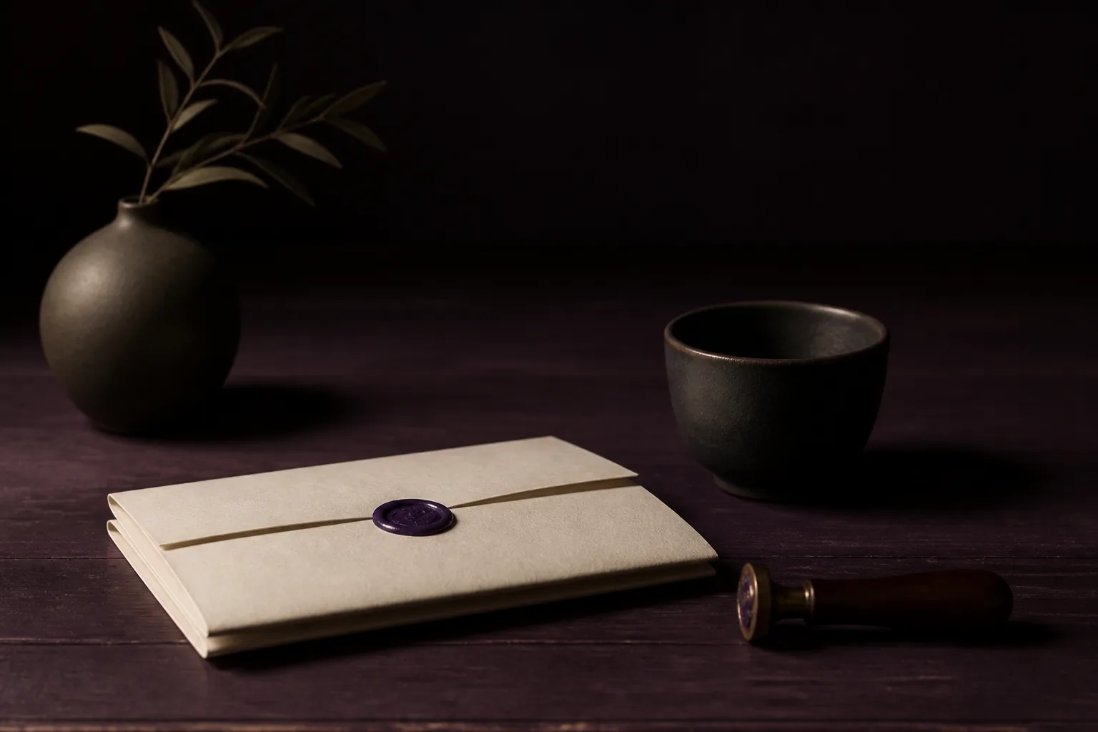 Carta marfil con sello de cera violeta junto a taza oscura