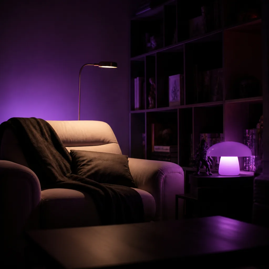 Rincón de lectura con resplandor violeta de neón
