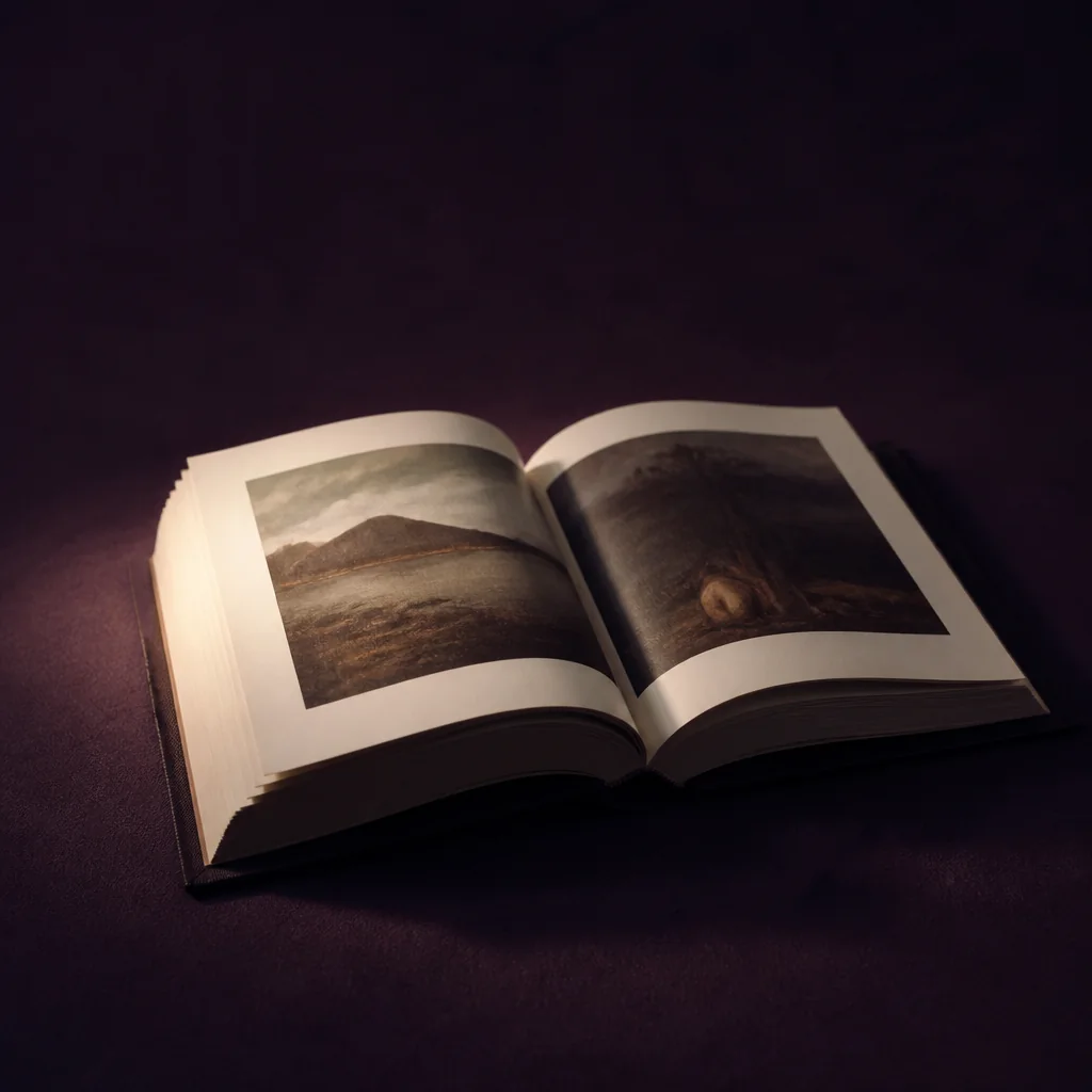 Libro de arte abierto sobre superficie oscura con páginas marfil iluminadas