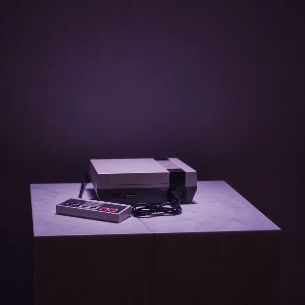 Consola retro sobre pedestal de mármol con luz violeta