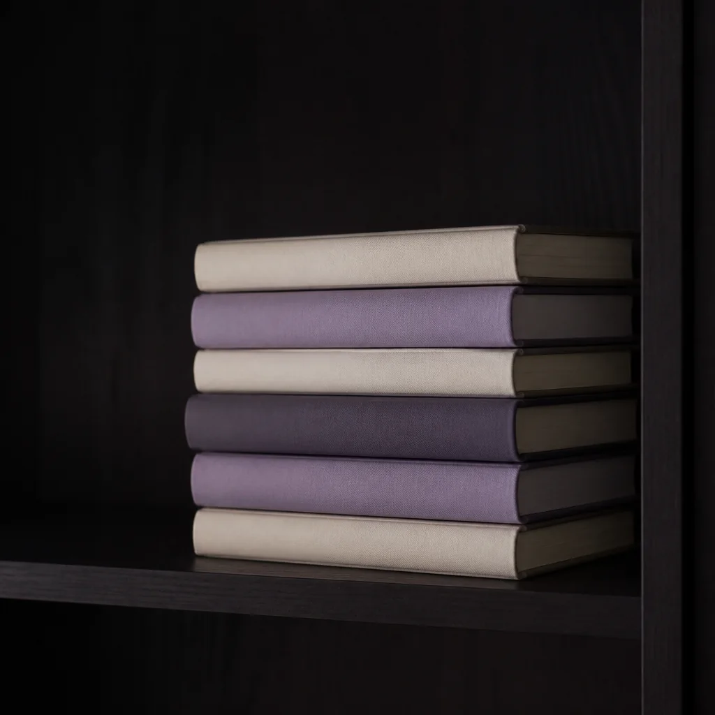 Libros de tapa dura apilados con lomos crema y lila en estante oscuro